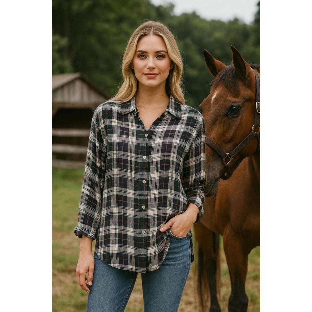 Avenue Plaid Women Black White Green Red Yellow Button Down Shirt Flannel 14/16